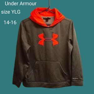 Girls Under Armour pullover hoodie orange, gray, blue stitching Size YLG